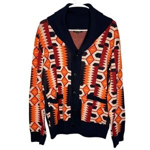D'IYANU Mens Shawl Collar Cardigan Sweater Geometric African Print Navy Orange M